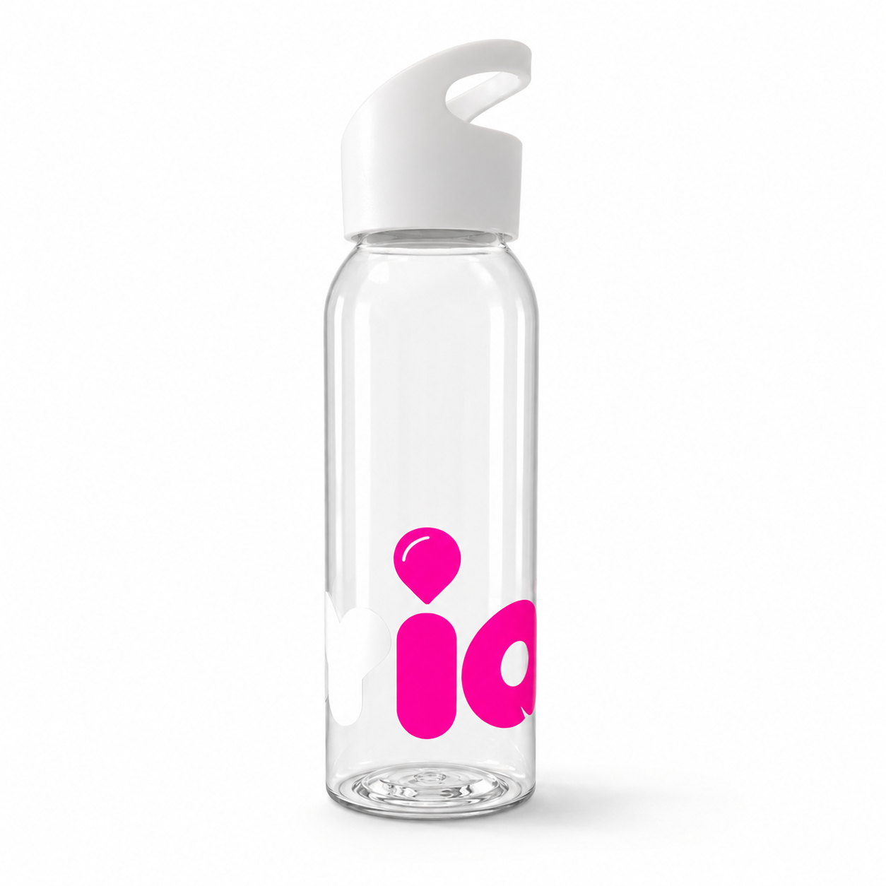 FitlyIQ 650ml clear water bottle with white carry lid and pink IQ logo on a white background.